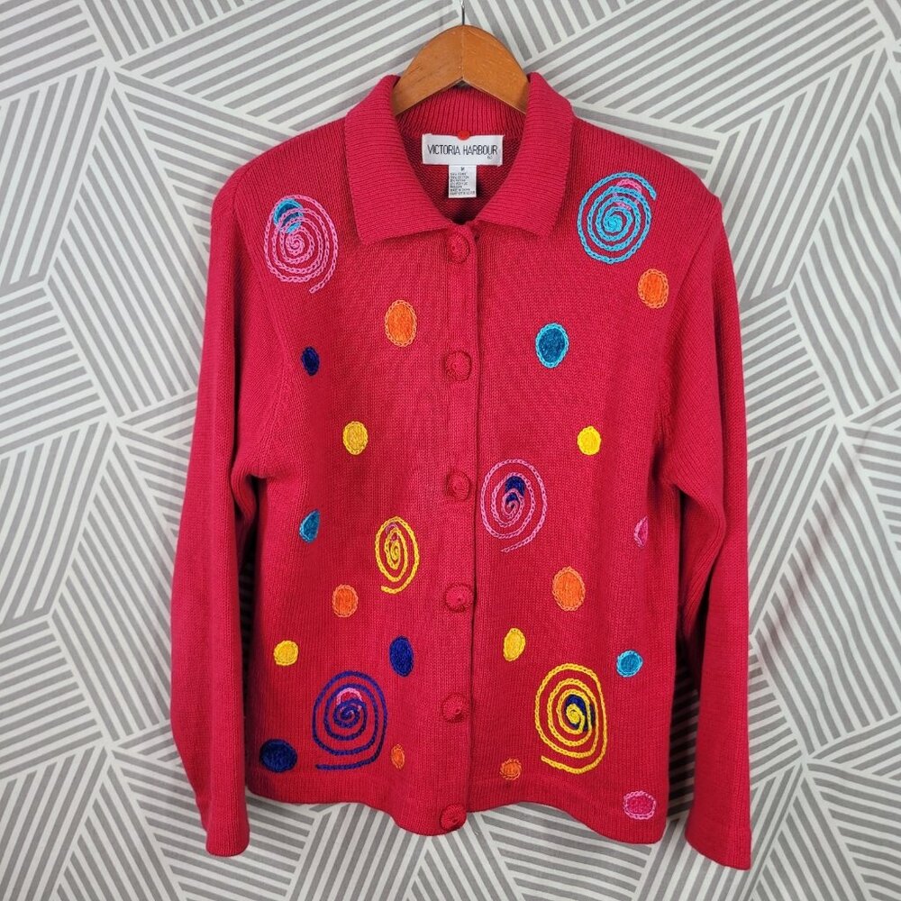 Vintage Victoria Harbour Cardigan Size Medium Art To Wear Embroidered Swirl Red